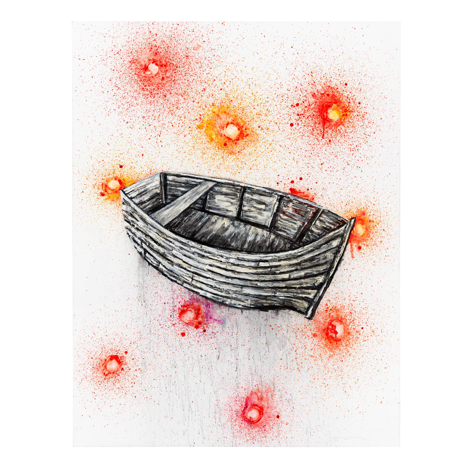 Painting by Vera Klement titled 'Strange Flowers' depicting a row boat on a white background surrounded by 10 paint splatters in bright reds, orange, and yellow resembling wounds